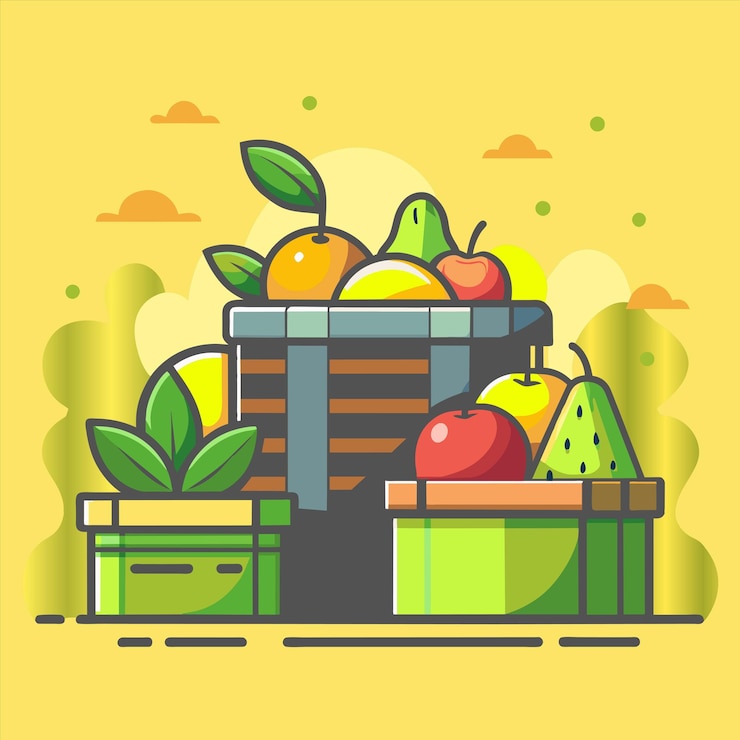 Vetor uma imagem de frutas e caixas com um fundo amarelo com um fondo amarelo
