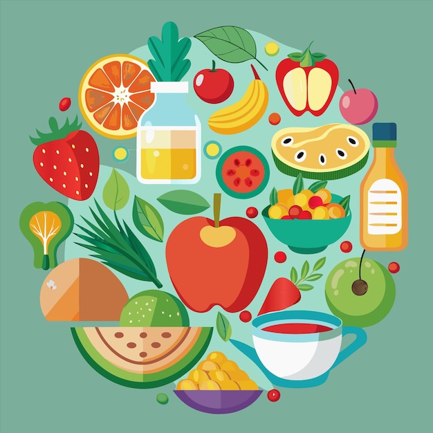 uma imagem de frutas e legumes, incluindo frutas e vegetais