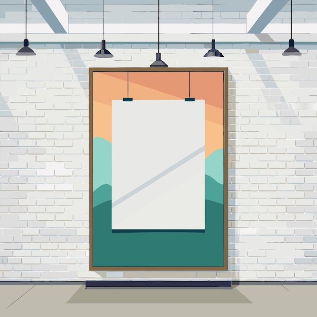 uma imagem de um quadro branco está pendurada em uma parede de tijolos