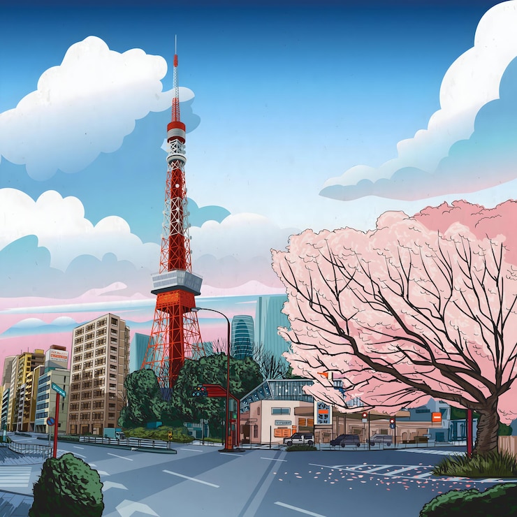 Vetor uma imagem de uma torre vermelha com uma árvore rosa no fundo