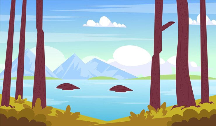 Vetor uma imagem dos desenhos animados de um lago com montanhas ao fundo.