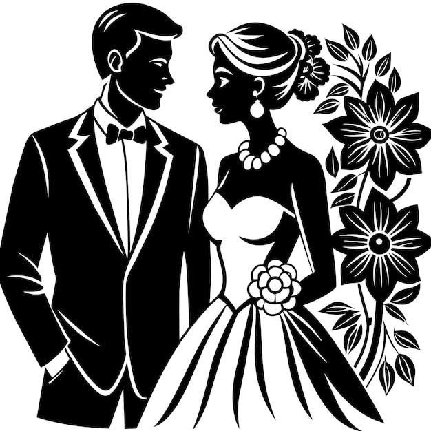 Vetor uma imagem em preto e branco de um casal de fatos e uma flor com flores
