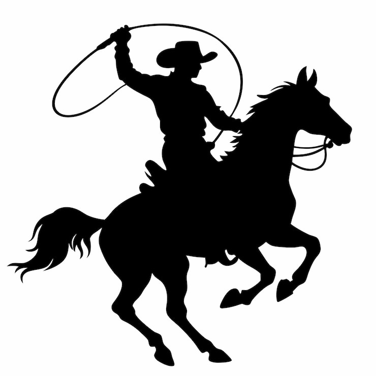 Vetor uma imagem em preto e branco de um cowboy em um cavalo com um laço