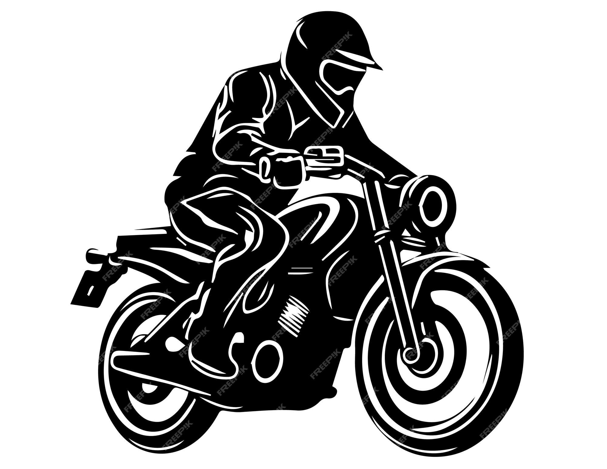 Um desenho preto e branco de um homem andando de moto.