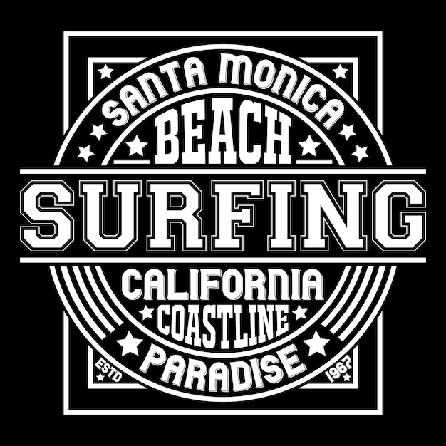 Uma imagem em preto e branco de um logotipo de surf com as palavras santa malibu surfando nele.