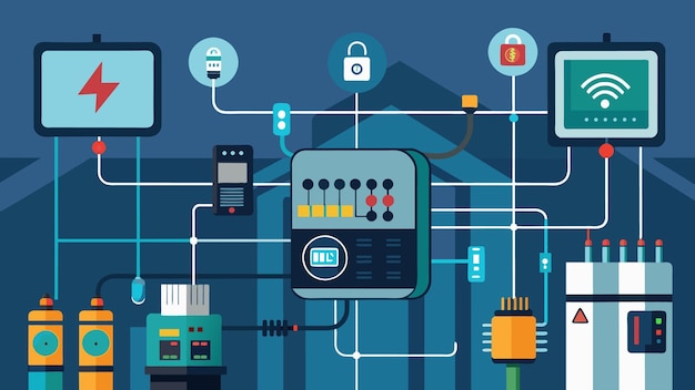Vetor uma imagem em zoom de um intrincado sistema de fiação elétrica equipado com sensores inteligentes para automação