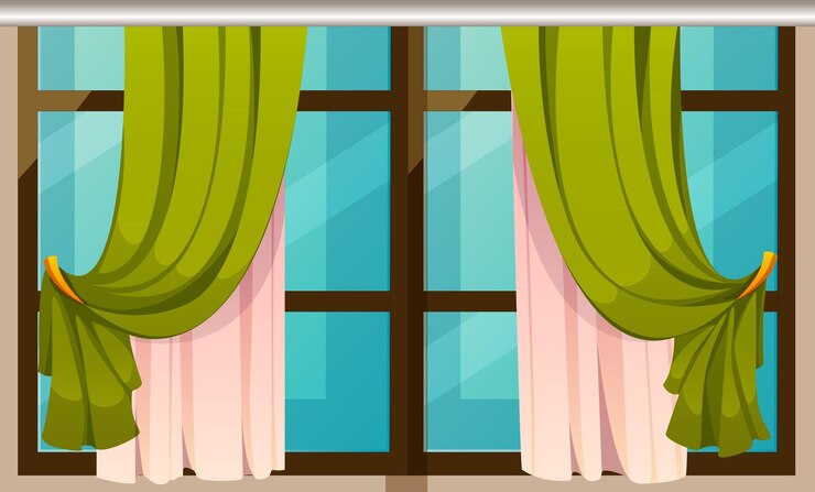 Vetor uma janela com cortinas verdes e uma cortina rosa.