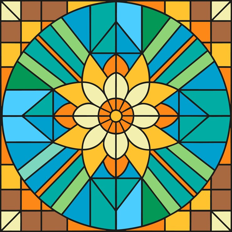 Vetor uma janela de vidro colorido com um desenho de flores em verde azul amarelo e laranja