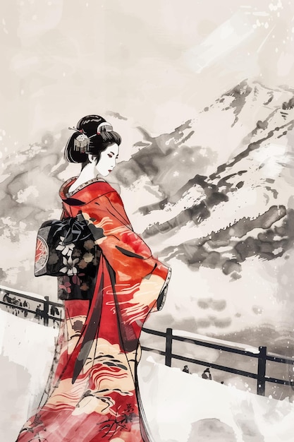 Vetor uma japonesa de kimono vermelho admira a paisagem coberta de neve