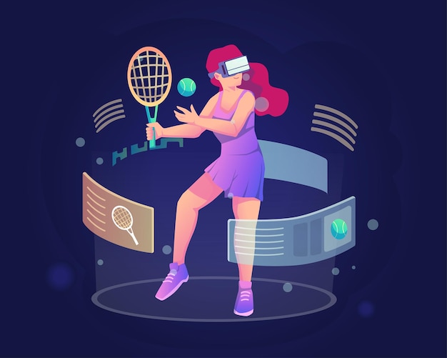Uma jovem com um fone de ouvido vr jogando um simulador virtual de esportes de tênis na ilustração do metaverso