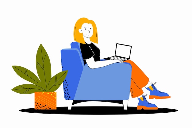 Uma jovem com um laptop em uma cadeira Ilustração vetorial