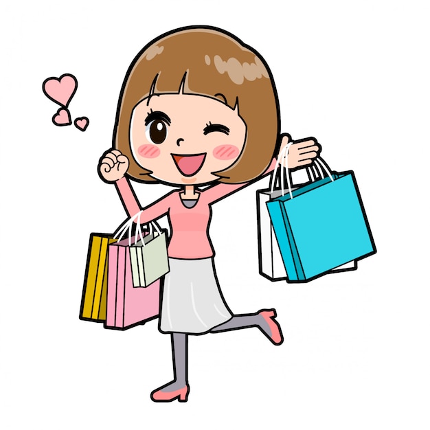 Vetor uma jovem com uma roupa rosa com sacolas de compras