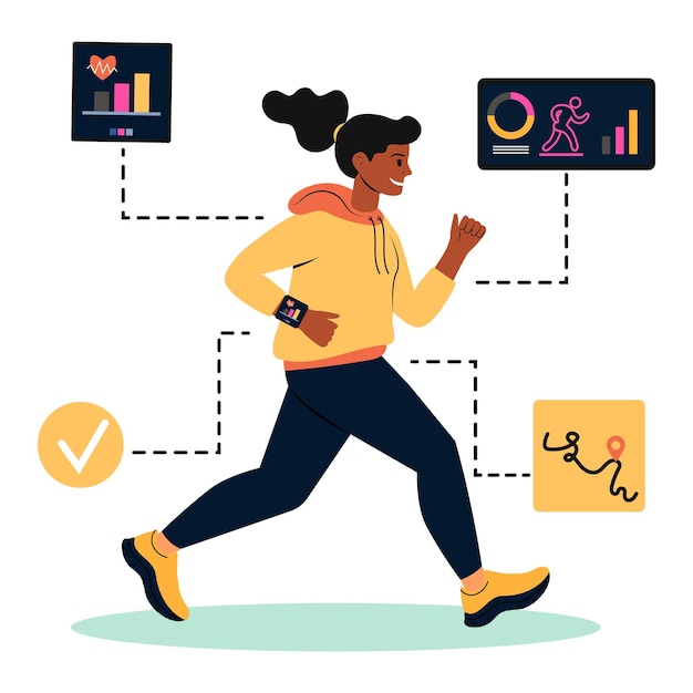 Uma jovem corre enquanto acompanha seu progresso de fitness com um relógio inteligente e exibe dados de saúde