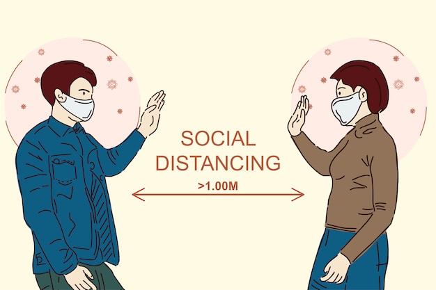 Uma jovem e um rapaz cumprimentam-se, observando uma distância social de 1 metro. Desenhar em um estilo linear. Conceito de proteção do piso.