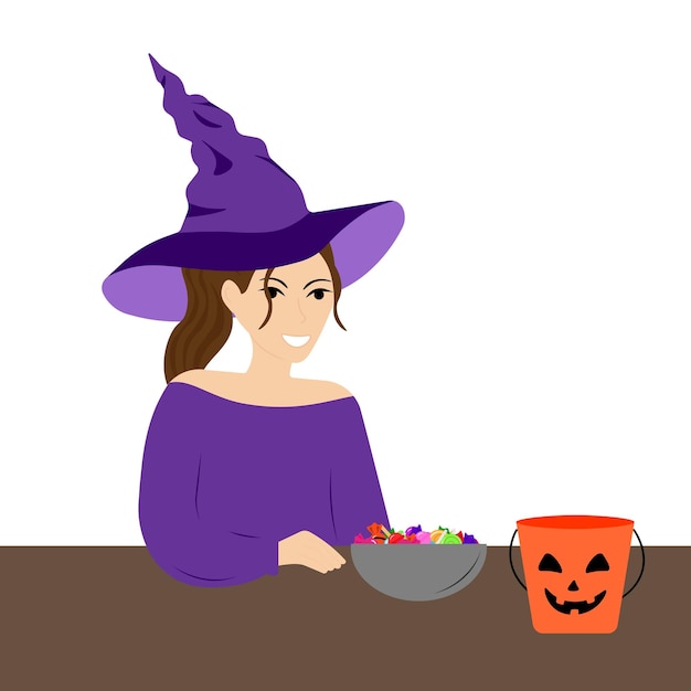 Uma jovem em uma fantasia de bruxa coloca doces de um balde de Halloween em uma tigela