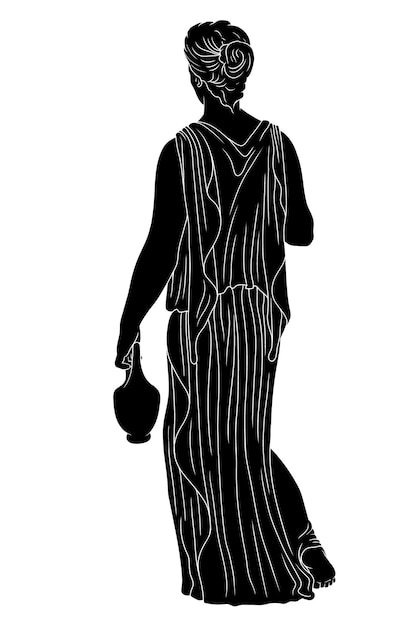 Uma jovem esbelta grega antiga de túnica com um jarro está de pé e virou as costas