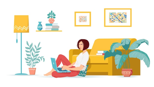 Vetor uma jovem está sentada em um sofá e trabalhando em casa com um laptop. sala de estar moderna e aconchegante