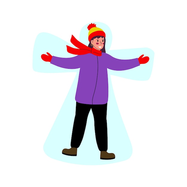 Uma jovem faz um anjo da neve A menina passa o tempo em atividades de inverno Ilustração de vetor plano de desenho animado