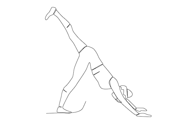 Uma jovem fazendo pose de yoga dividida para cachorro olhando para baixo, arte de linha certa