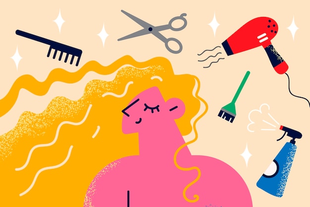 Uma jovem feliz com ferramentas de estilista ao redor sente-se satisfeita no salão de beleza com um novo penteado. cliente do sexo feminino animado com tratamento capilar ou procedimento no salão de beleza a sorrir. ilustração vetorial.