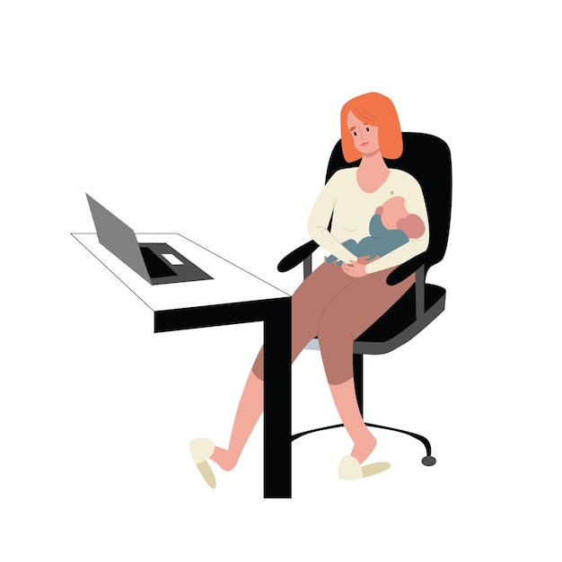 Uma jovem mulher de desenho animado está assistindo a um filme e amamentando um bebê. licença maternidade. uma mãe está sentada em um computador com uma criança nos braços. ilustração vetorial em um fundo branco isolado.