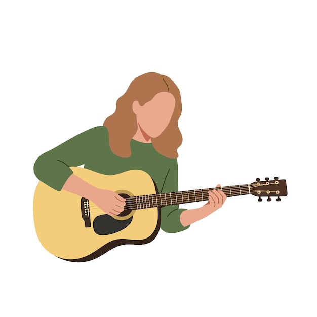 Uma jovem mulher tocando uma guitarra acústica em um ambiente descontraído com um estilo de design minimalista mostrando sua paixão pela música em ilustração vetorial