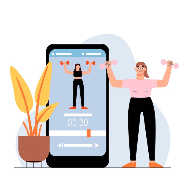 Uma jovem pratica esportes usando um aplicativo em um smartphone. Ilustração vetorial plana