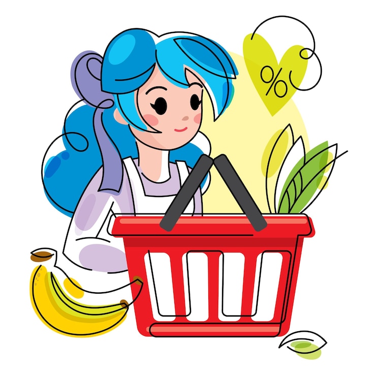 Vetor uma jovem que o vendedor coleta uma cesta de compras de legumes e frutas na área de checkout na loja