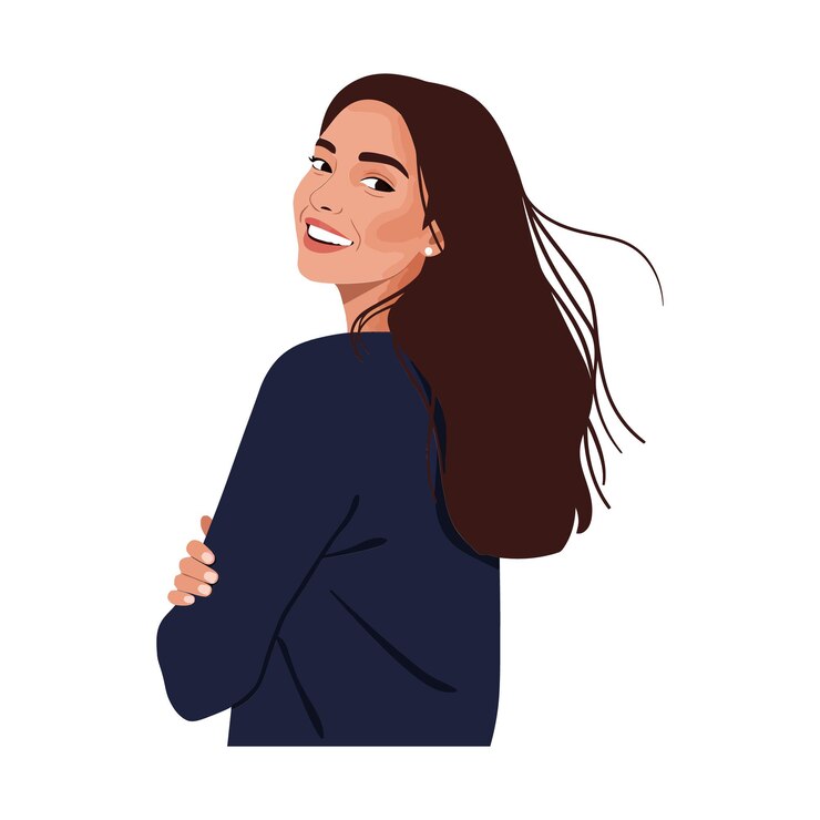 Vetor uma jovem sorridente com cabelos longos em uma camisola azul olhando para trás sobre o ombro em uma ilustração de arte vetorial plana alegre