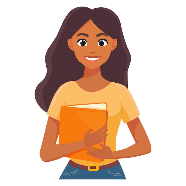 uma jovem sorridente feliz segurando um caderno em fundo branco