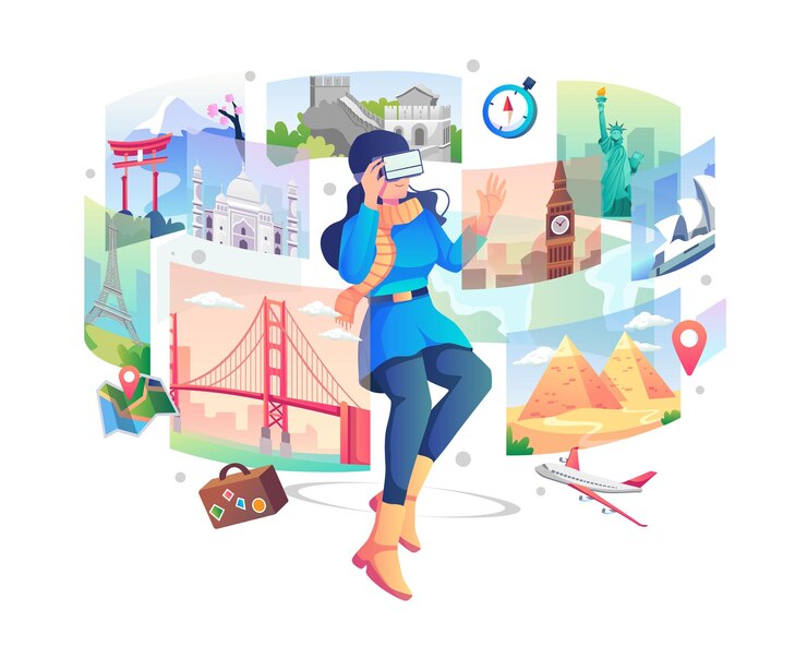 Vetor uma jovem usando óculos vr fazendo uma simulação de jogo de viajar ao redor do mundo através da realidade virtual viagem virtual para entretenimento e educação ilustração em vetor plana