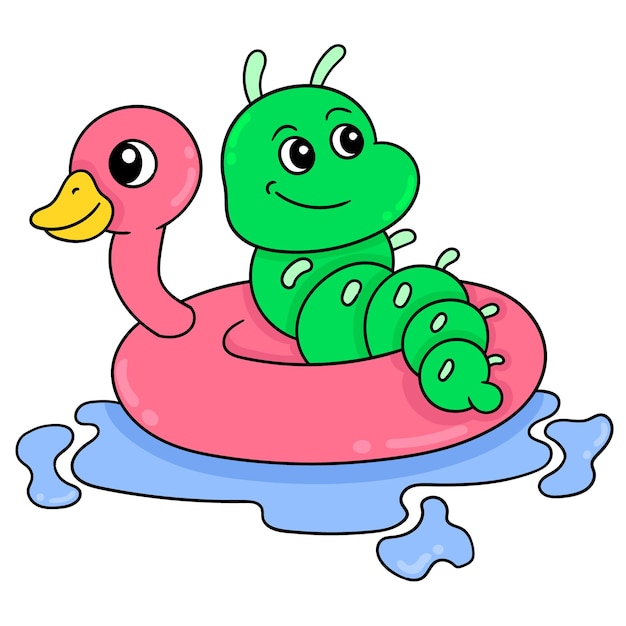 Uma lagarta verde está relaxando em um pneu de pato, arte de ilustração vetorial. imagem de ícone do doodle kawaii.