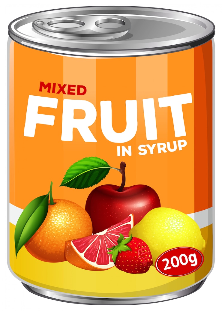 Vetor uma lata de frutas mistas em calda