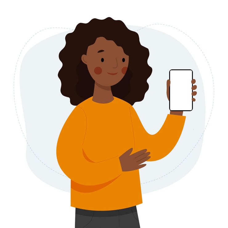 Vetor uma linda garota africana tem um telefone nas mãos. a mulher mostra um telefone vazio e sorrindo.