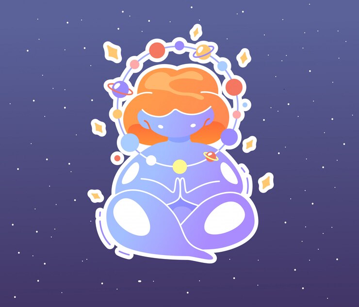 Vetor uma linda garota com excesso de peso cósmica senta-se em posição de lótus e medita contra um céu estrelado. ilustração espiritual em homenagem ao dia mundial da ioga. amantes da meditação, práticas espirituais.