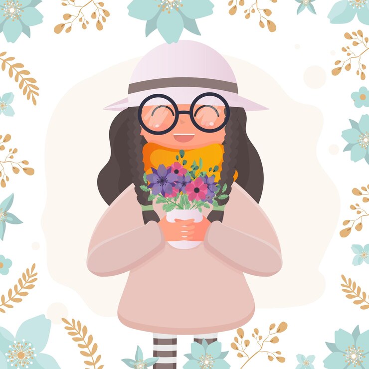 Vetor uma linda garota com um chapéu e óculos tem flores nas mãos. adequado para a concepção de postais e livros. ilustração vetorial