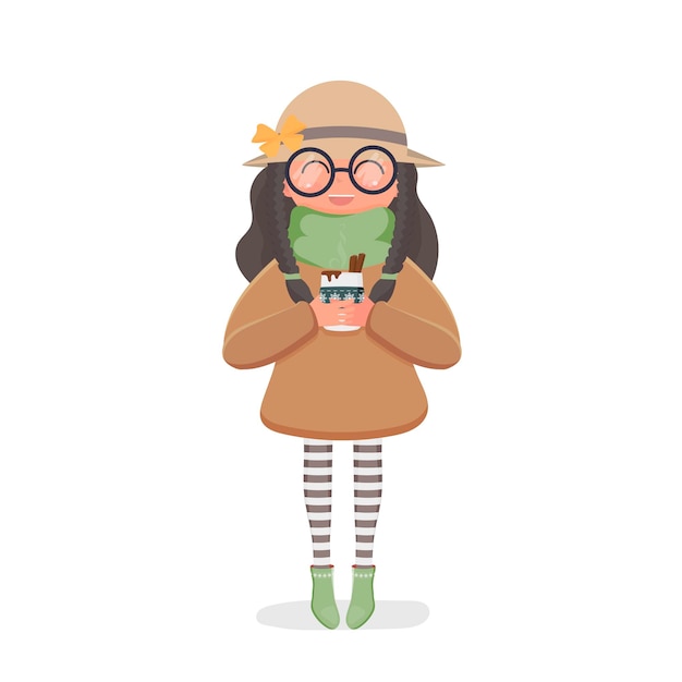 Uma linda garota de chapéu e óculos segura um copo com uma bebida quente. adequado para a concepção de postais e livros. isolado. ilustração vetorial