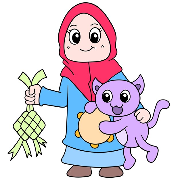 Uma linda garota vestindo um hijab muçulmano com seu gato de estimação comemorando eid, arte de ilustração vetorial. imagem de ícone do doodle kawaii.