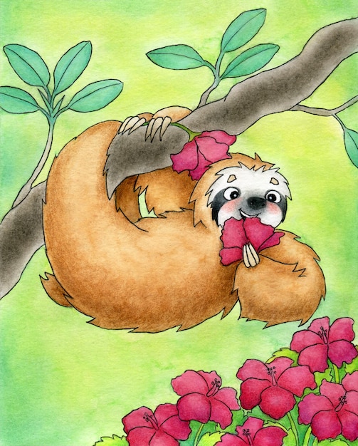 Uma linda preguiça pendurada em um galho em uma floresta tropical e comendo uma flor