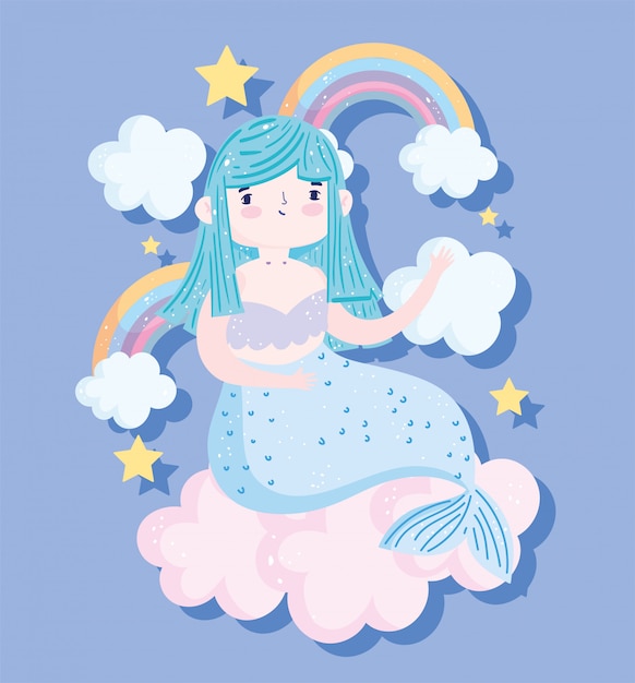 Uma linda sereia sentada na nuvem com arco-íris e estrelas em desenho animado