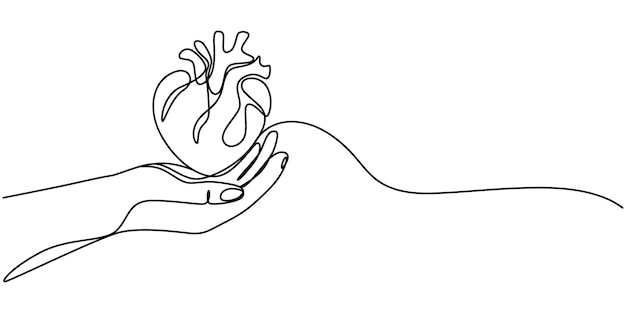 Uma linha contínua a mão segura um coração humano medicina coração humano na mão do cirurgião