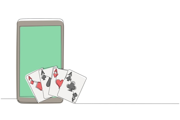 Uma linha contínua de desenho de smartphone e um conjunto de quatro ases jogando cartas de terno ganhando mão de poker