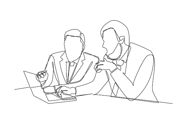 Uma linha contínua desenhando dois empresários inteligentes discutindo o projeto no escritório conceito de consultoria de negócios desenho de desenho de linha única ilustração gráfica vetorial