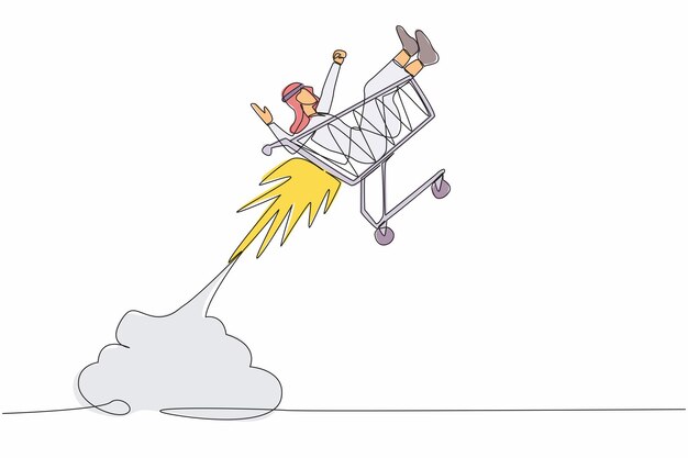 Uma linha contínua desenhando um empresário árabe feliz montando um carrinho de compras um foguete voando no céu