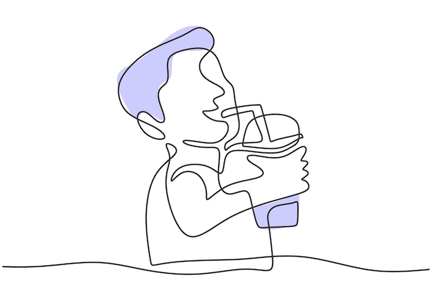 Uma linha contínua desenhando um garotinho segurando um copo de suco de laranja para o cumprimento da nutrição corporal isolado no fundo branco minimalismo design gráfico ilustração vetorial