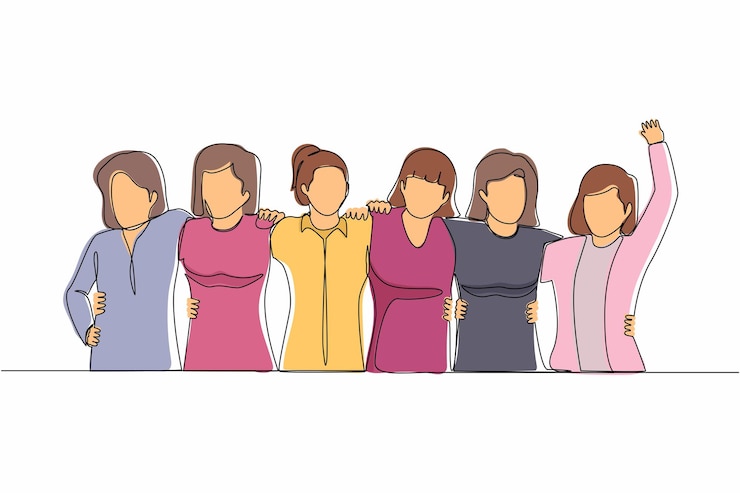 Vetor uma linha contínua desenhando um grupo de mulheres se abraçando juntos feliz dia de amizade vetor de design