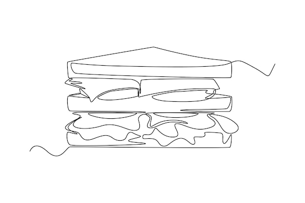 Uma linha contínua desenhando um sanduíche de presunto e legumes conceito de café da manhã design de desenho de linha única ilustração gráfica vetorial