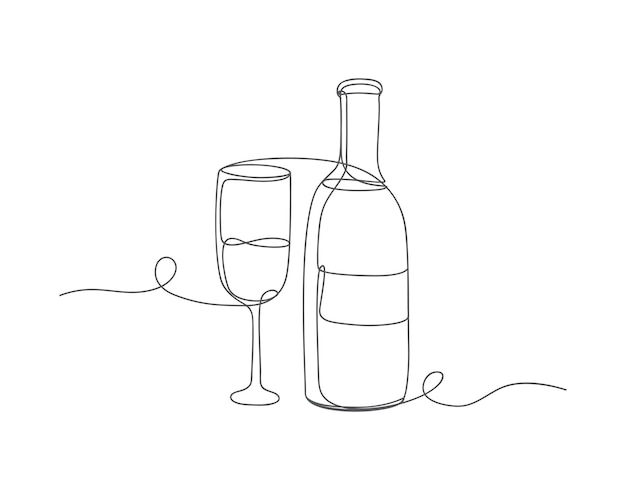 Uma linha contínua linear champanhe vinho copo e garrafa ilustração vetorial de celebração de ano novo