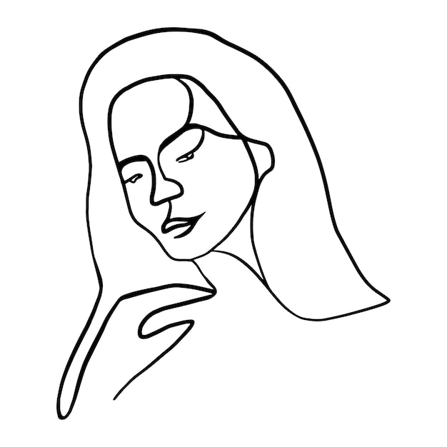 Uma linha de arte mulher retrato isolado ícone de vetor ilustração gráfica de moda senhora bonita esboço desenho esboço esboço conceito de beleza silhueta estética feminina impressão simples de rosto preto