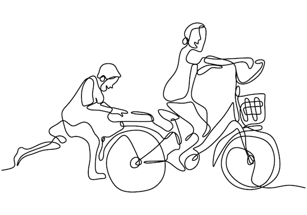 Uma linha desenhada contínua de um filho ensina sua irmã a andar de bicicleta jovem irmã e irmão jogando uma bicicleta isolada no fundo branco conceito de família feliz ilustração vetorial